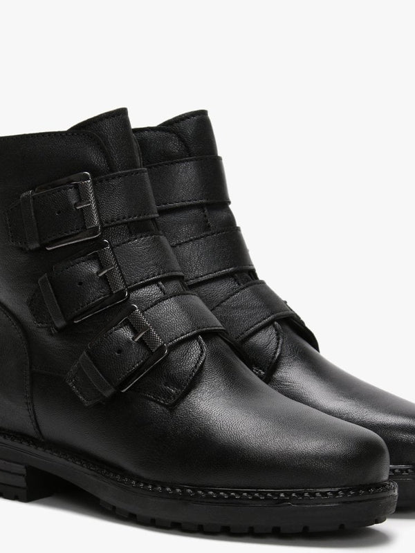 Veronic Black Leather Buckle Biker Boots