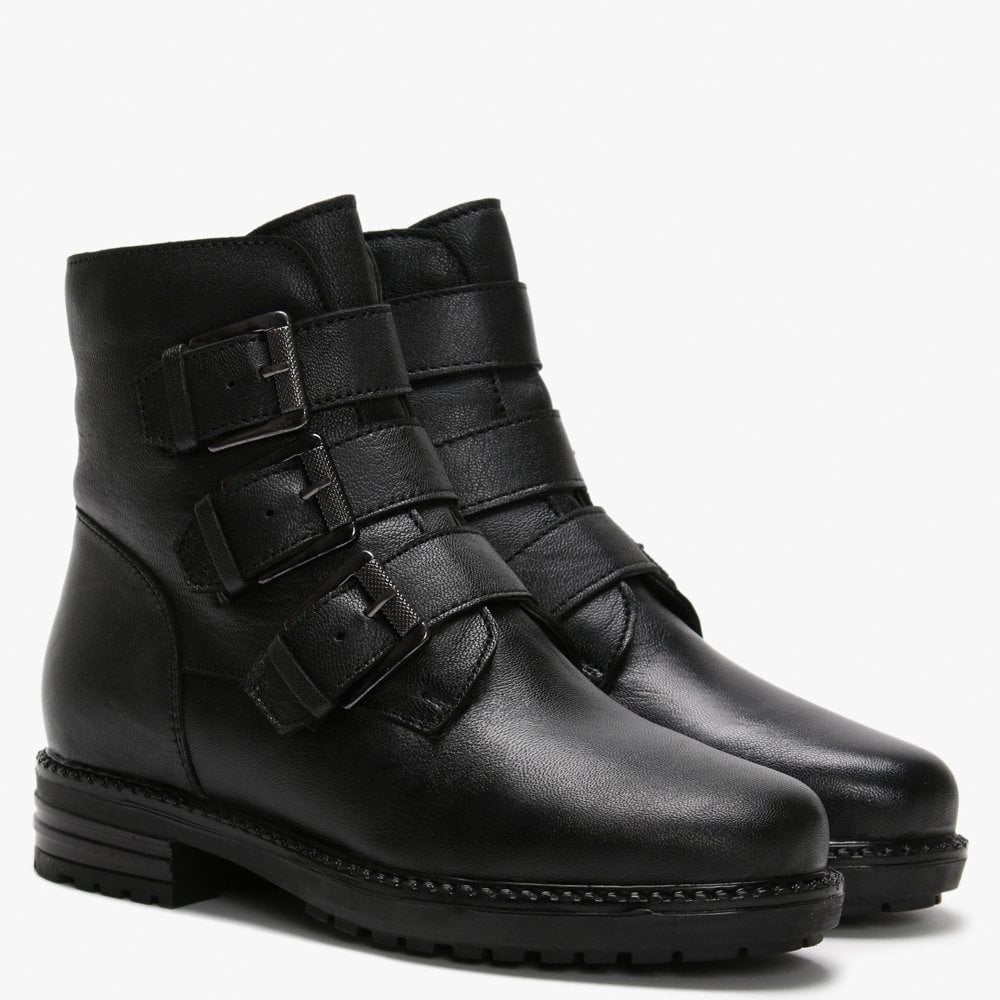 Veronic Black Leather Buckle Biker Boots