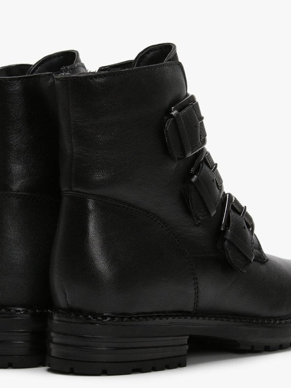 Veronic Black Leather Buckle Biker Boots