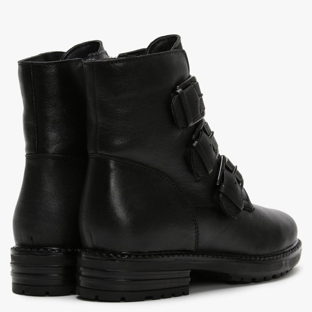 Veronic Black Leather Buckle Biker Boots