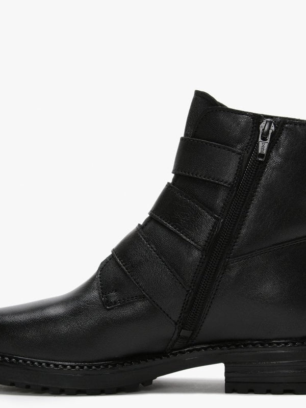 Veronic Black Leather Buckle Biker Boots
