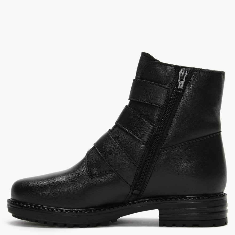 Veronic Black Leather Buckle Biker Boots