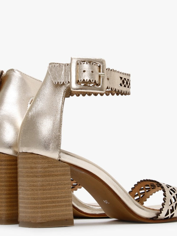 Silvo Gold Metallic Leather Laser Cut Heeled Sandals