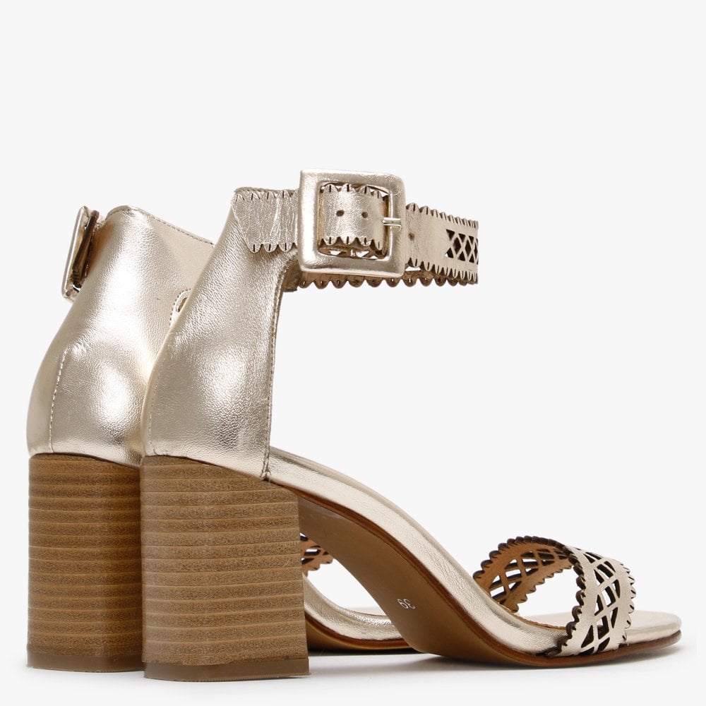 Silvo Gold Metallic Leather Laser Cut Heeled Sandals