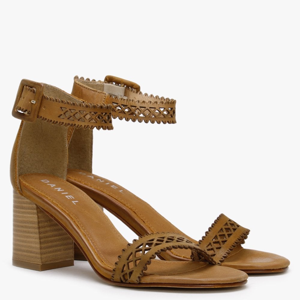 Silvo Tan Leather Laser Cut Heeled Sandals