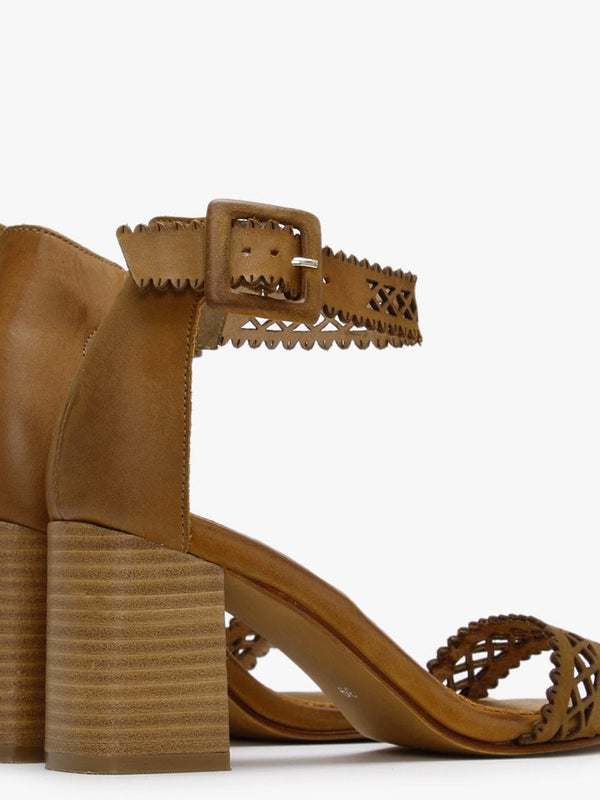 Silvo Tan Leather Laser Cut Heeled Sandals