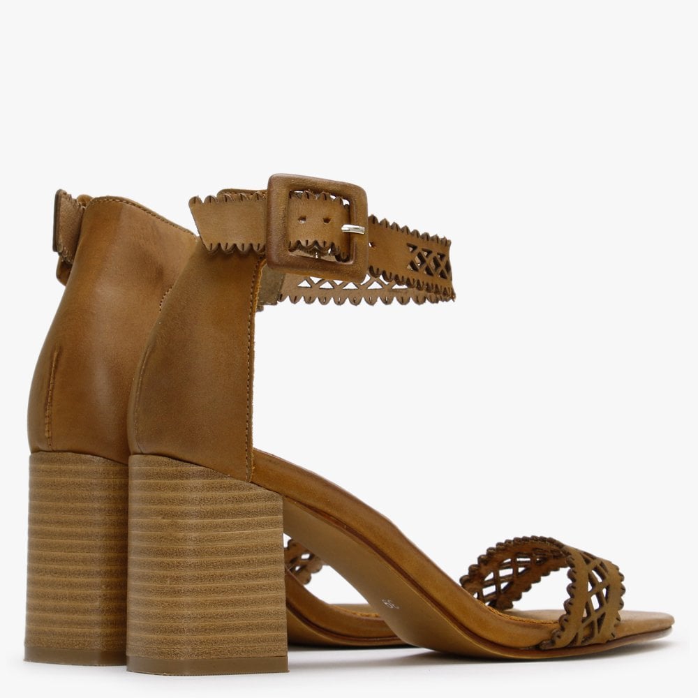 Silvo Tan Leather Laser Cut Heeled Sandals