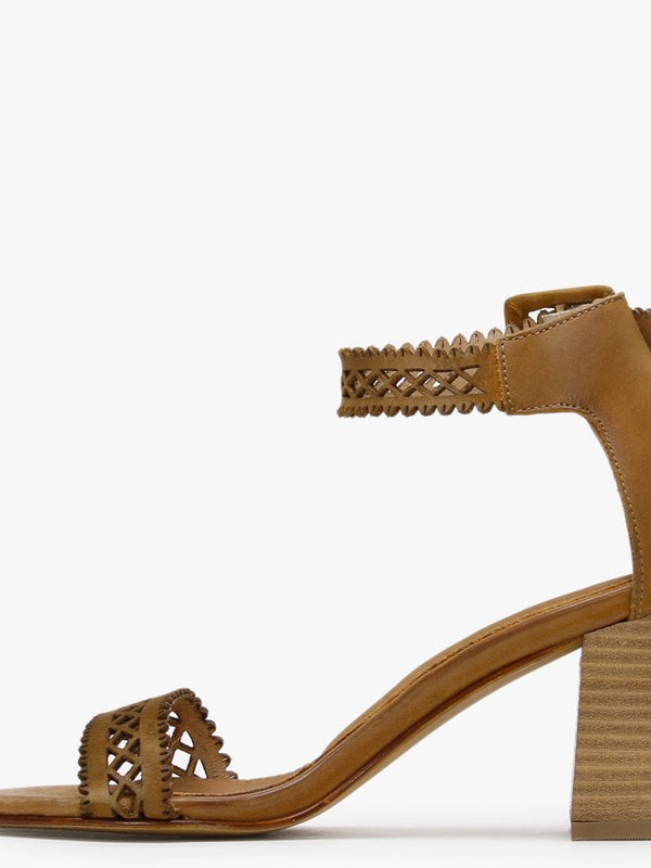 Silvo Tan Leather Laser Cut Heeled Sandals
