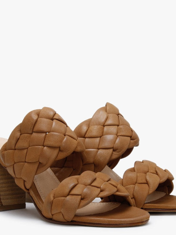 Sanza Tan Leather Chunky Woven Block Heel Mules