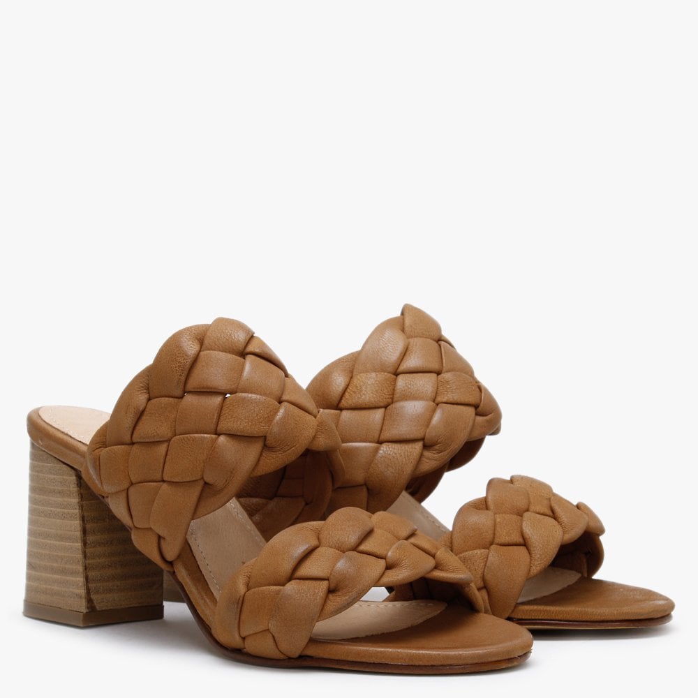 Sanza Tan Leather Chunky Woven Block Heel Mules