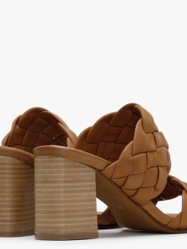 Sanza Tan Leather Chunky Woven Block Heel Mules