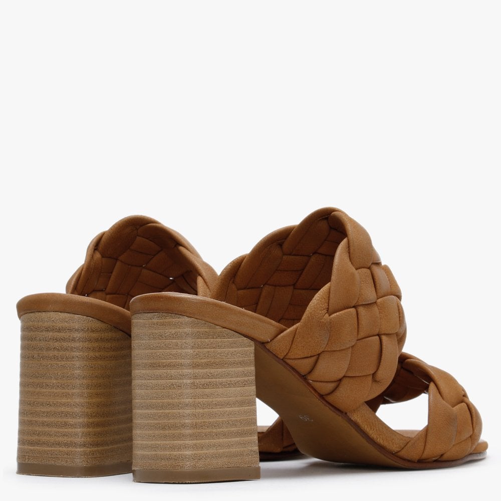 Sanza Tan Leather Chunky Woven Block Heel Mules
