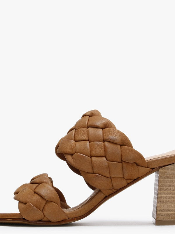 Sanza Tan Leather Chunky Woven Block Heel Mules