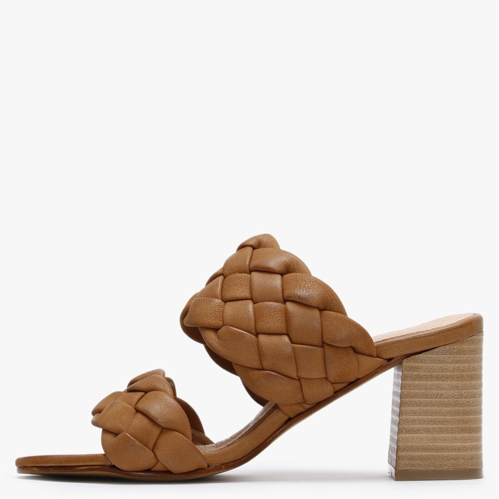Sanza Tan Leather Chunky Woven Block Heel Mules