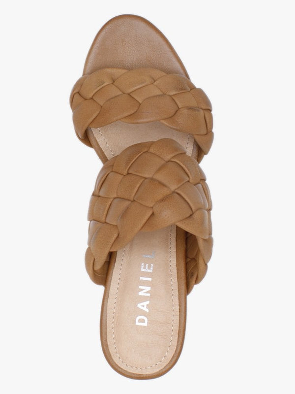 Sanza Tan Leather Chunky Woven Block Heel Mules