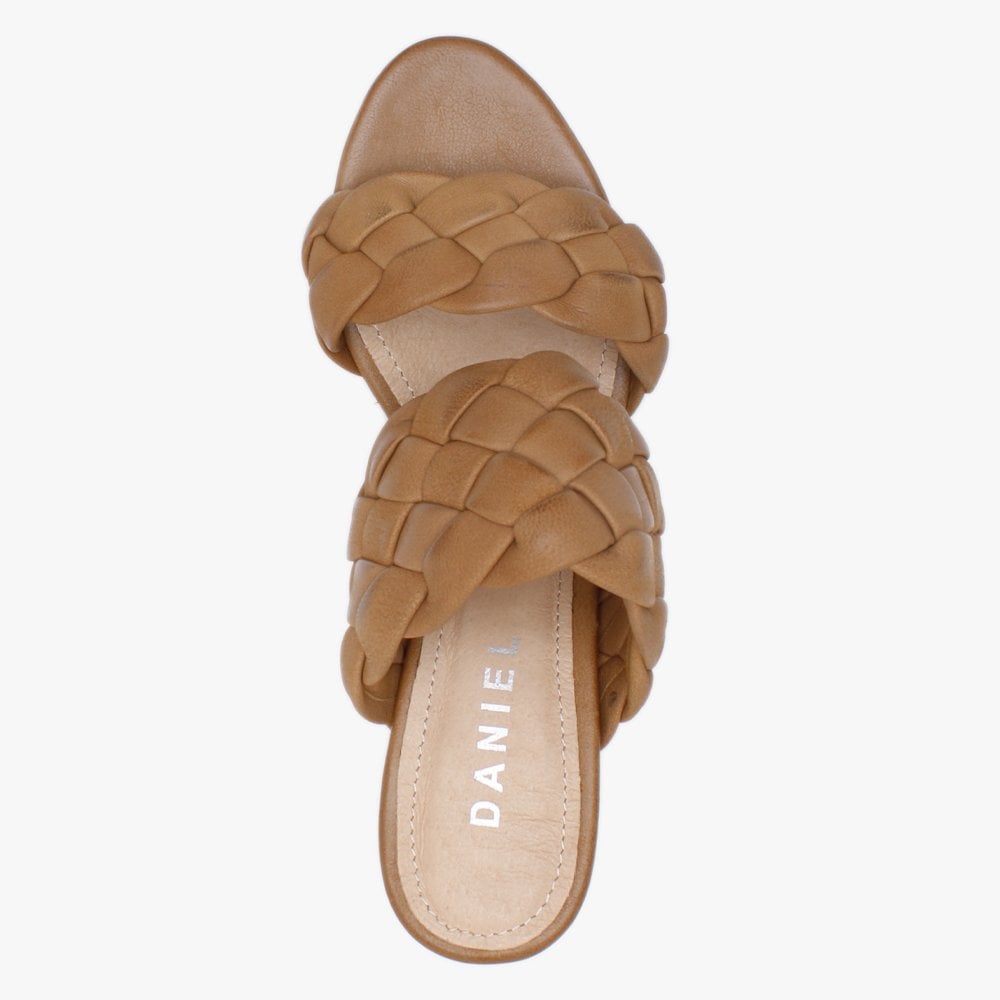Sanza Tan Leather Chunky Woven Block Heel Mules
