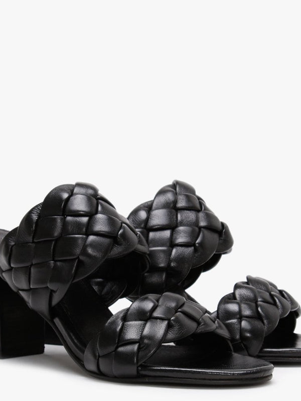 Sanza Black Leather Chunky Woven Block Heel Mules