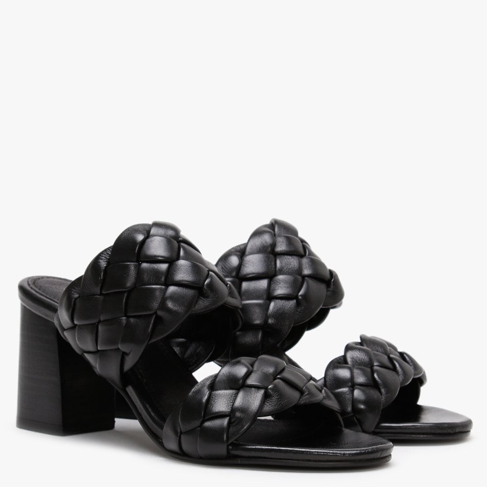 Sanza Black Leather Chunky Woven Block Heel Mules