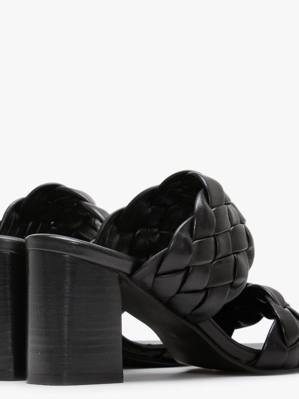 Sanza Black Leather Chunky Woven Block Heel Mules