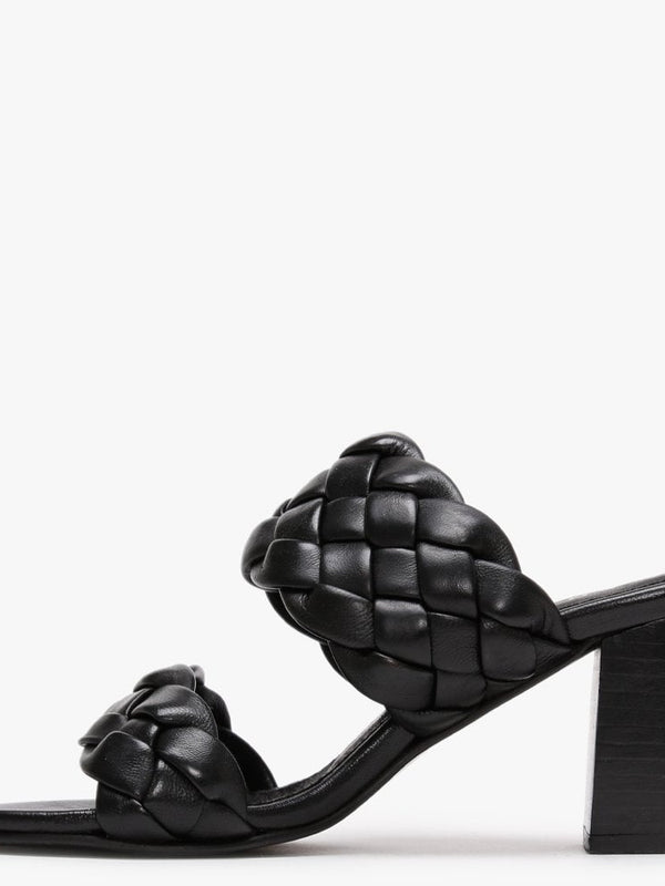 Sanza Black Leather Chunky Woven Block Heel Mules