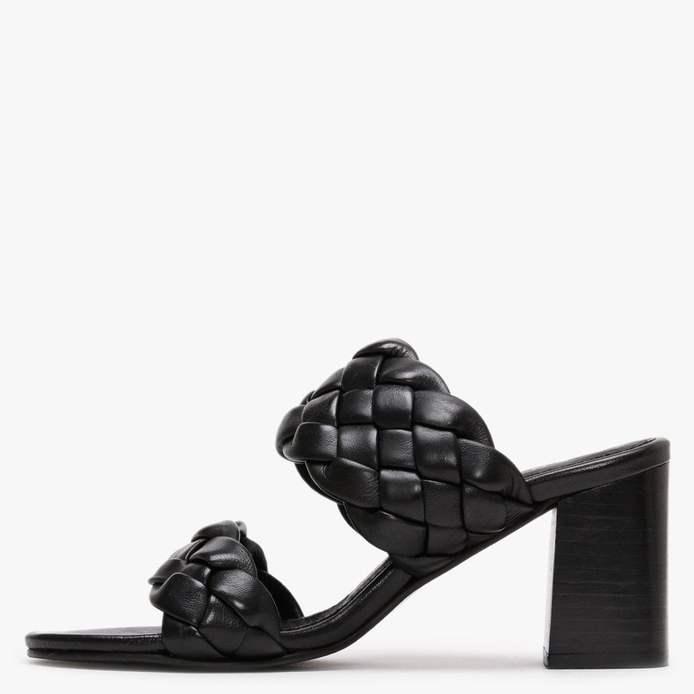 Sanza Black Leather Chunky Woven Block Heel Mules