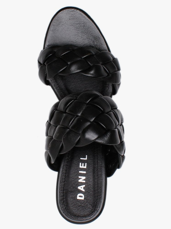 Sanza Black Leather Chunky Woven Block Heel Mules