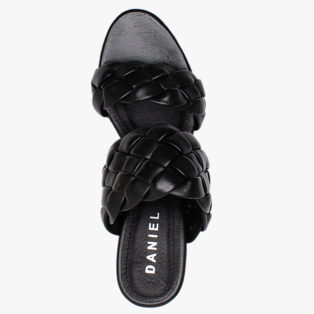 Sanza Black Leather Chunky Woven Block Heel Mules