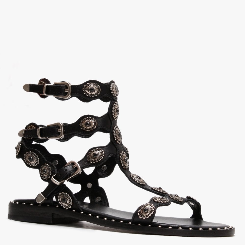 Phoenix Black Leather Gladiator Sandals