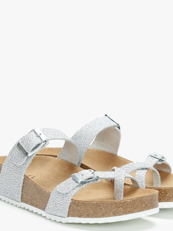 Plume Silver Metallic Cross Over Toe Strap Mules