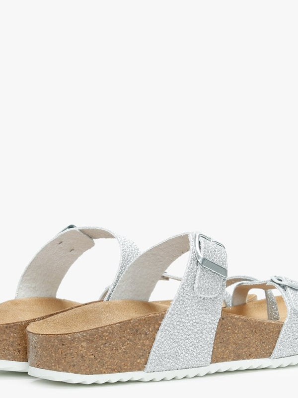 Plume Silver Metallic Cross Over Toe Strap Mules