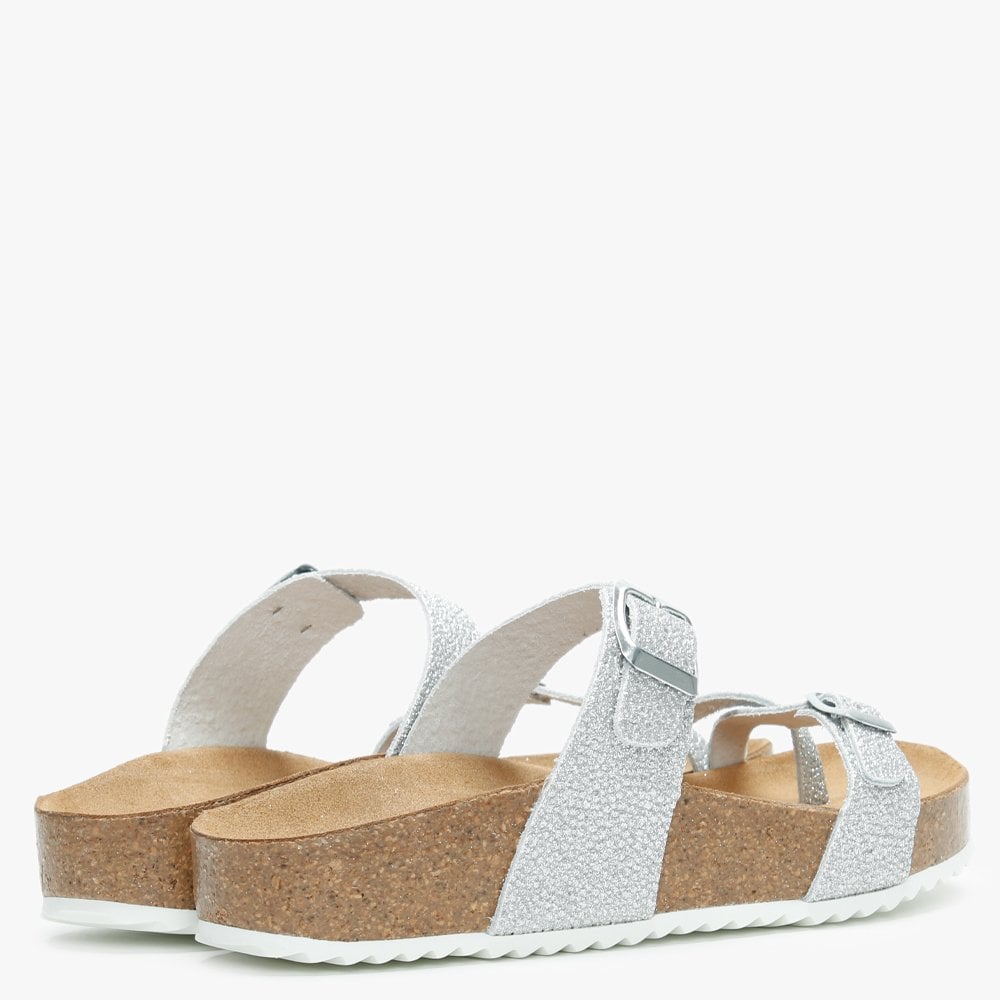 Plume Silver Metallic Cross Over Toe Strap Mules