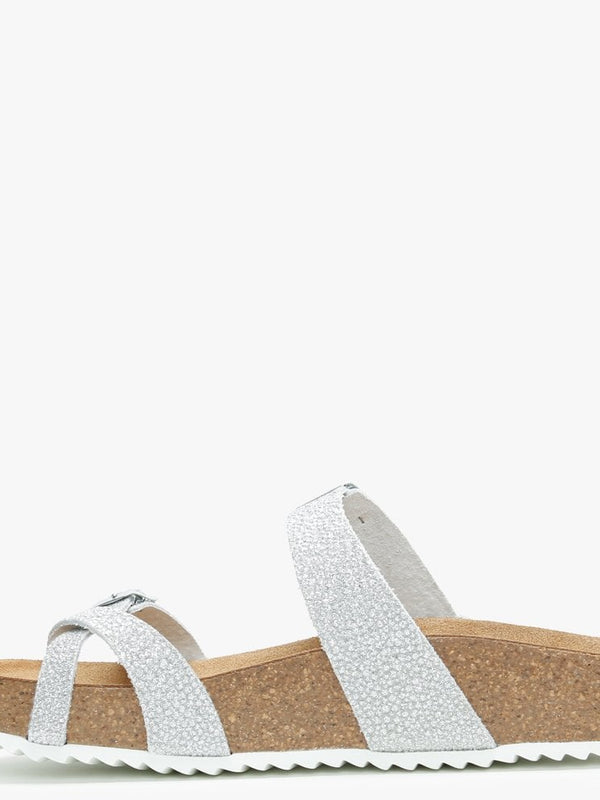 Plume Silver Metallic Cross Over Toe Strap Mules