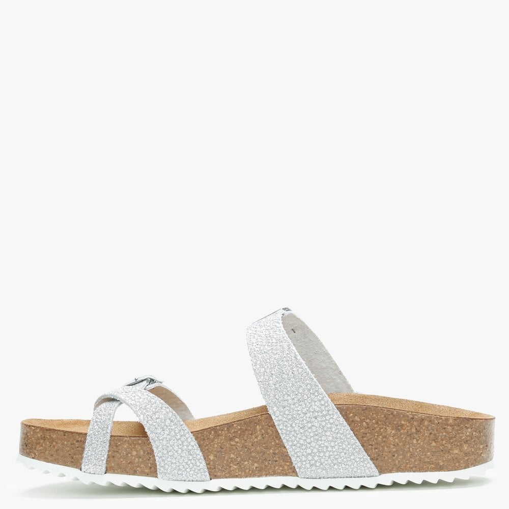 Plume Silver Metallic Cross Over Toe Strap Mules