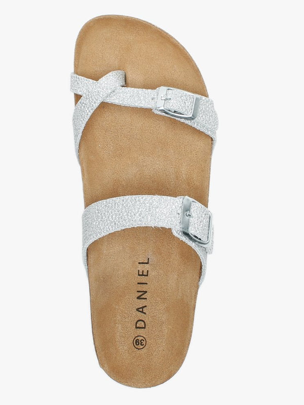 Plume Silver Metallic Cross Over Toe Strap Mules