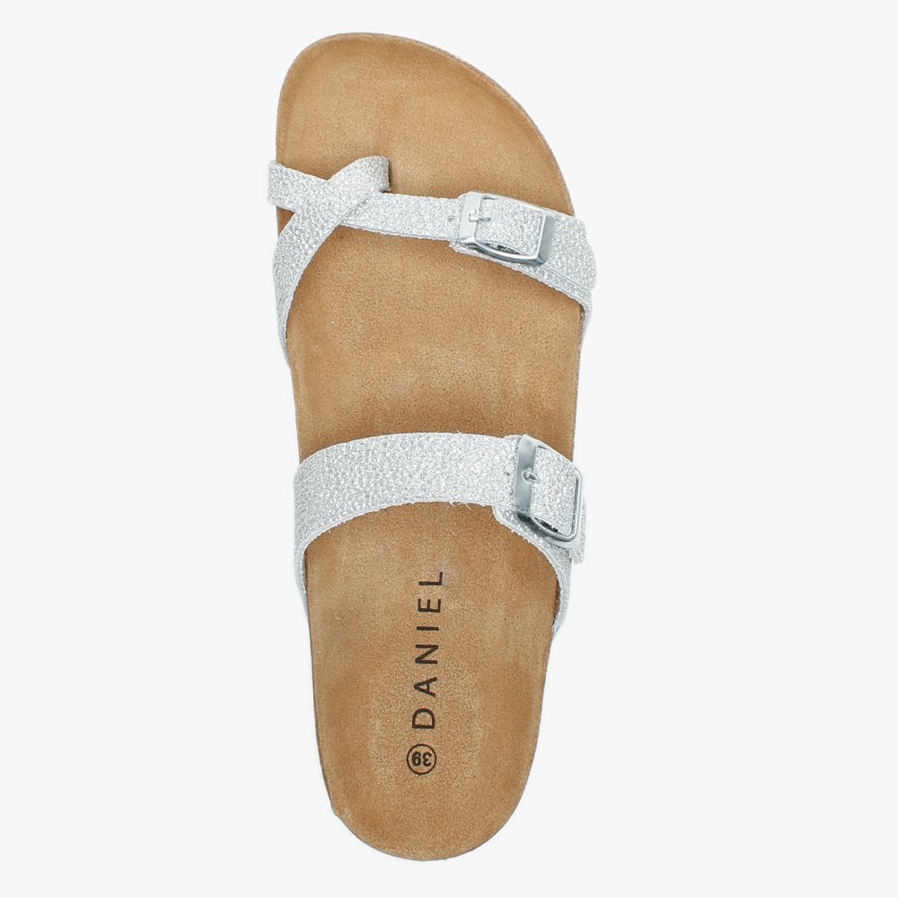 Plume Silver Metallic Cross Over Toe Strap Mules