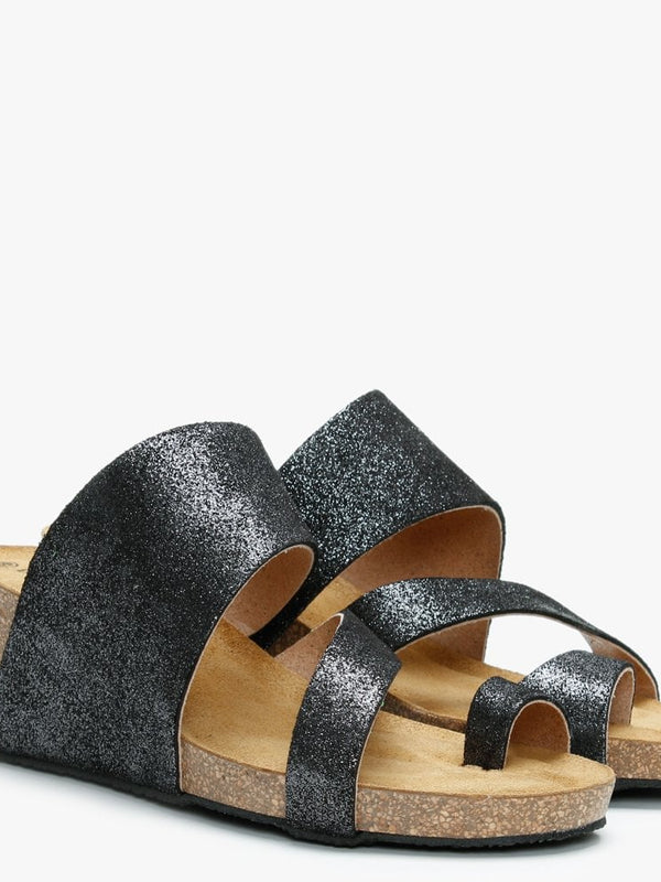 Pia Black Metallic Leather Toe Ring Wedge Mules