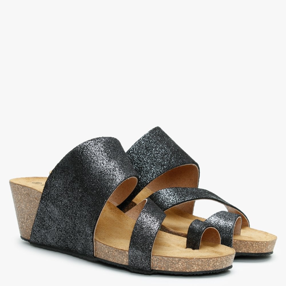 Pia Black Metallic Leather Toe Ring Wedge Mules