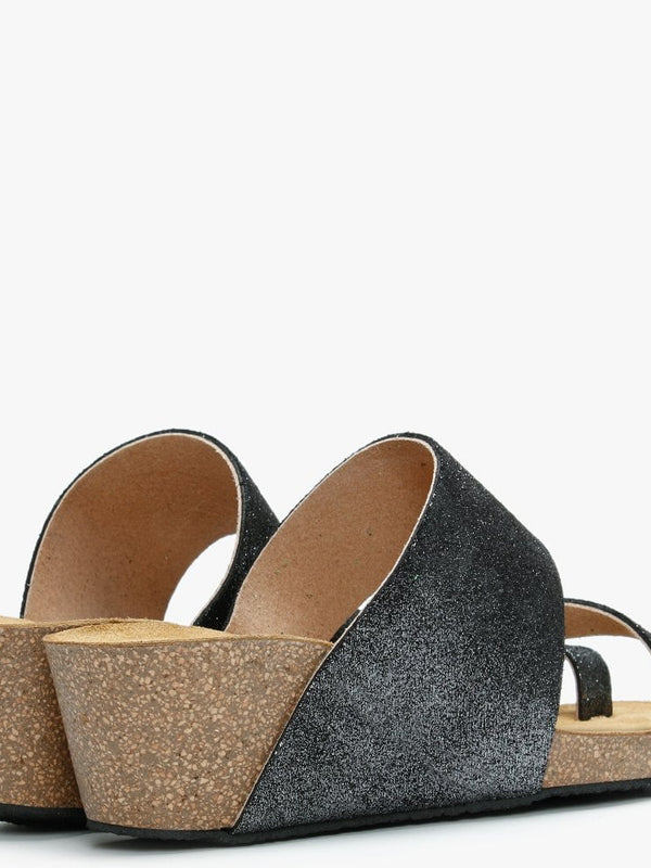 Pia Black Metallic Leather Toe Ring Wedge Mules