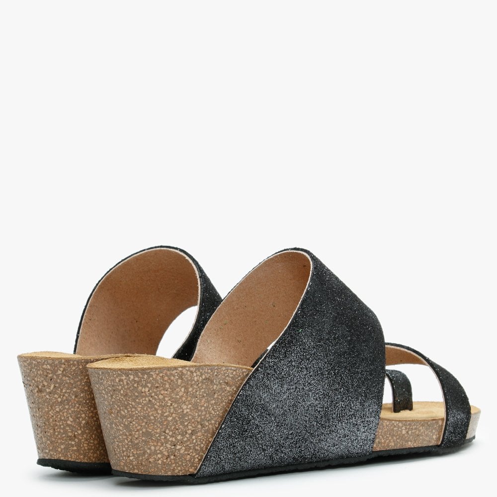 Pia Black Metallic Leather Toe Ring Wedge Mules