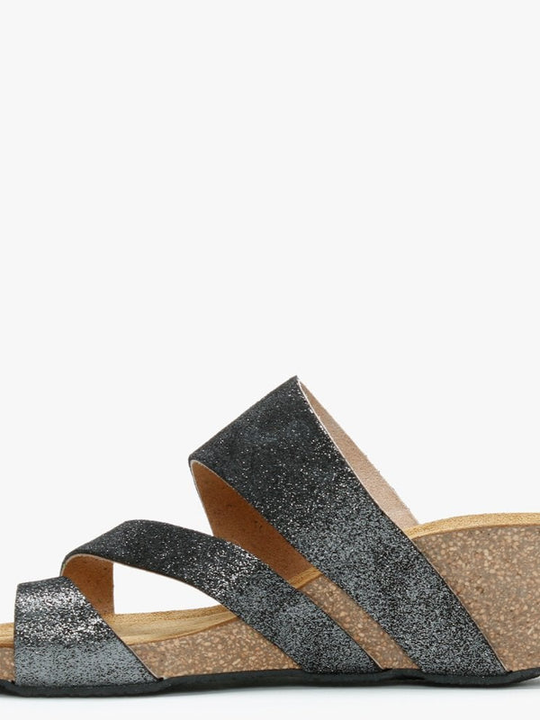 Pia Black Metallic Leather Toe Ring Wedge Mules