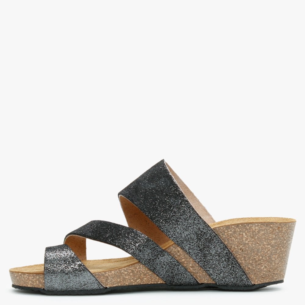 Pia Black Metallic Leather Toe Ring Wedge Mules