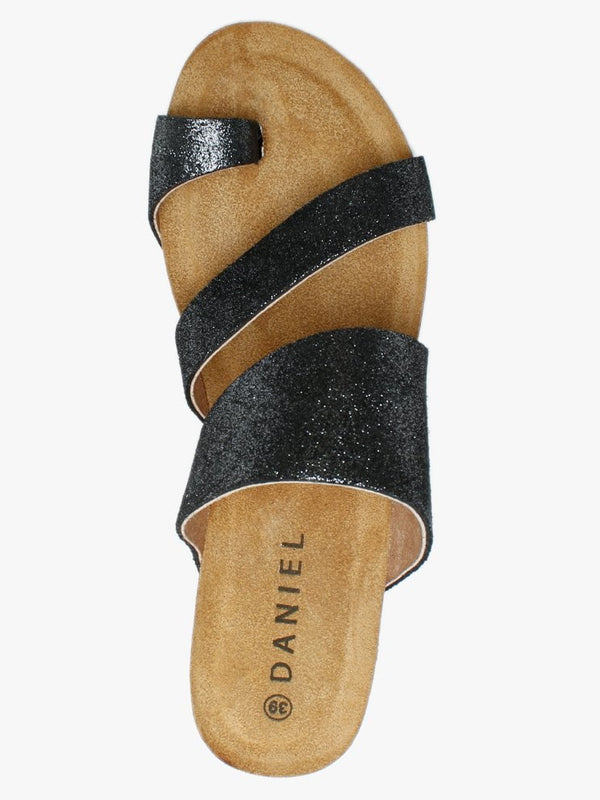 Pia Black Metallic Leather Toe Ring Wedge Mules