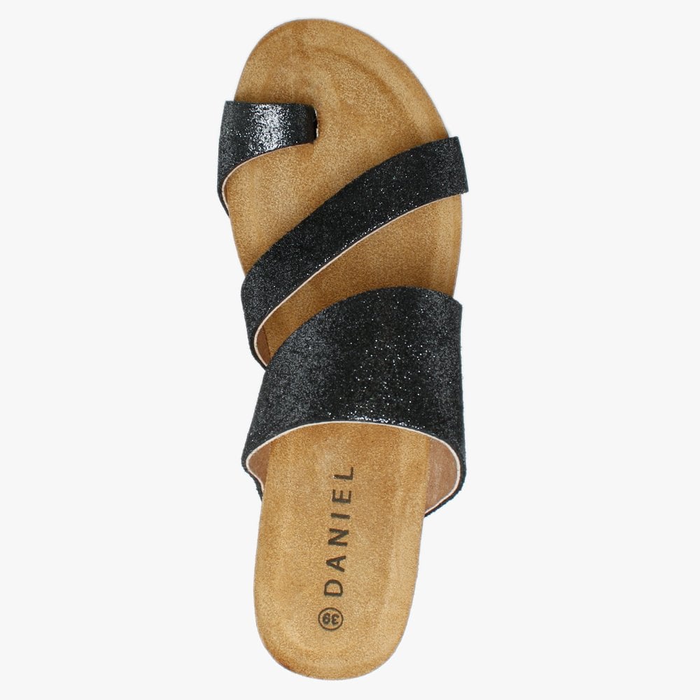 Pia Black Metallic Leather Toe Ring Wedge Mules