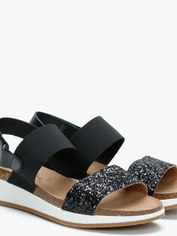 Bottlewell II Black Glitter Low Wedge Sandals