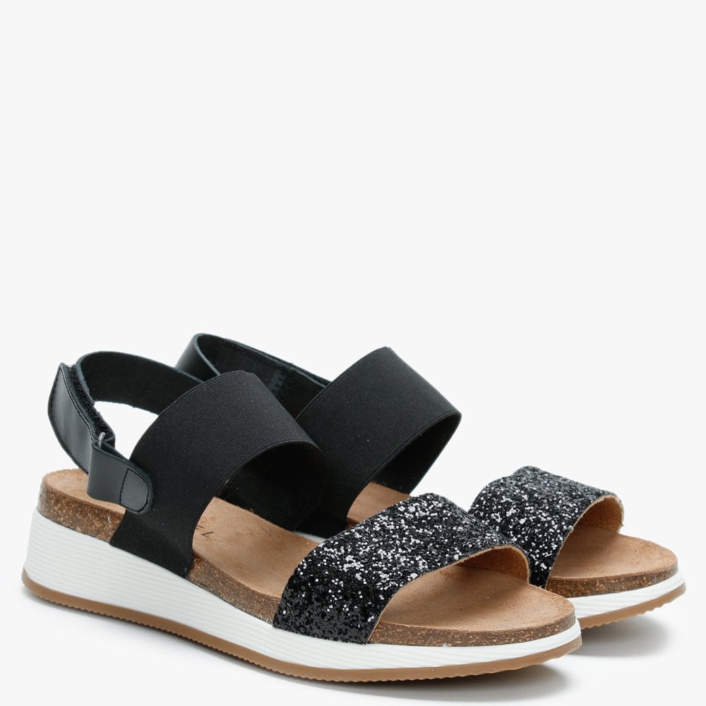Bottlewell II Black Glitter Low Wedge Sandals