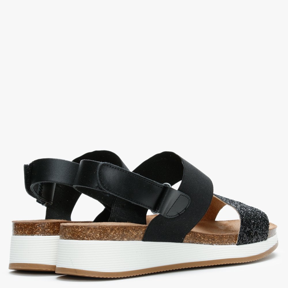 Bottlewell II Black Glitter Low Wedge Sandals