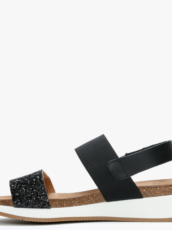 Bottlewell II Black Glitter Low Wedge Sandals