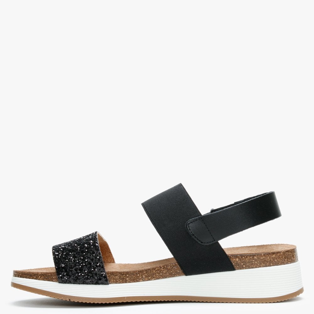 Bottlewell II Black Glitter Low Wedge Sandals
