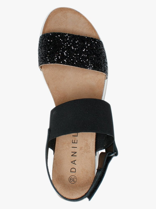 Bottlewell II Black Glitter Low Wedge Sandals
