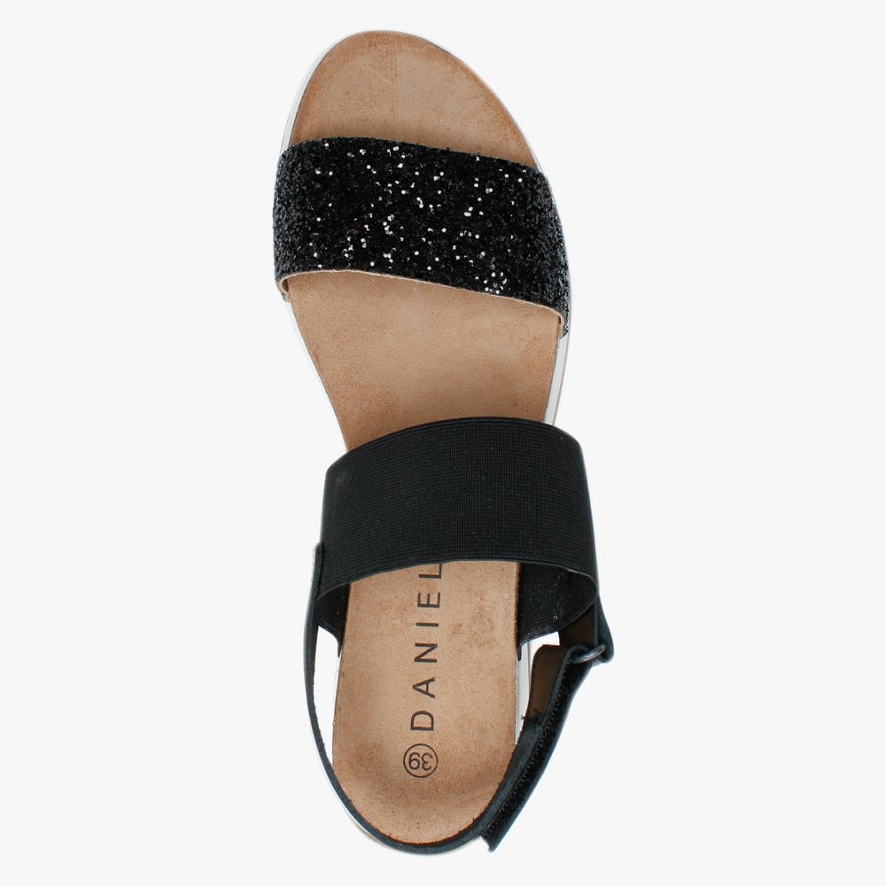 Bottlewell II Black Glitter Low Wedge Sandals